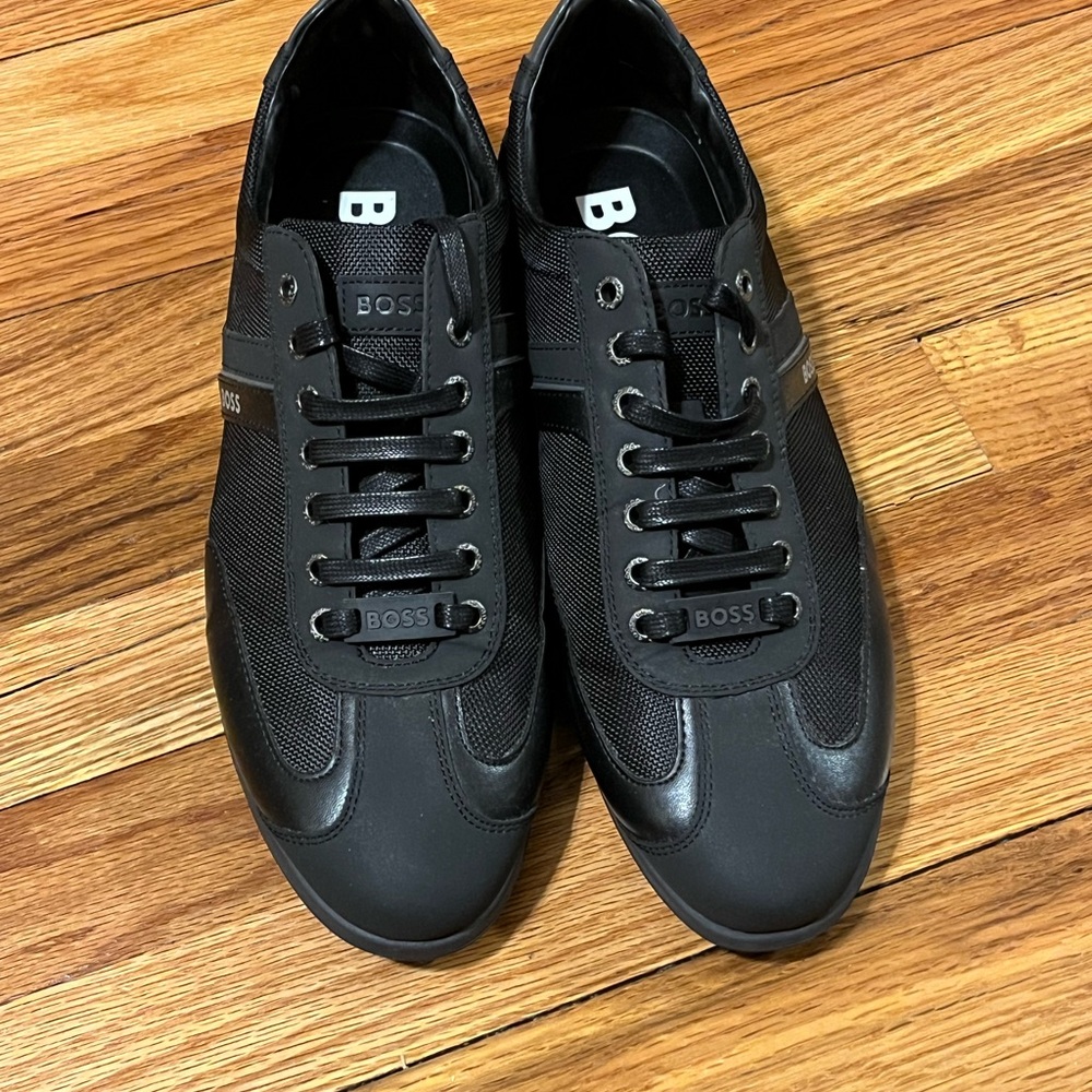Boss Men’s Black Low-Top Sneakers with Mesh & Leather Panels
